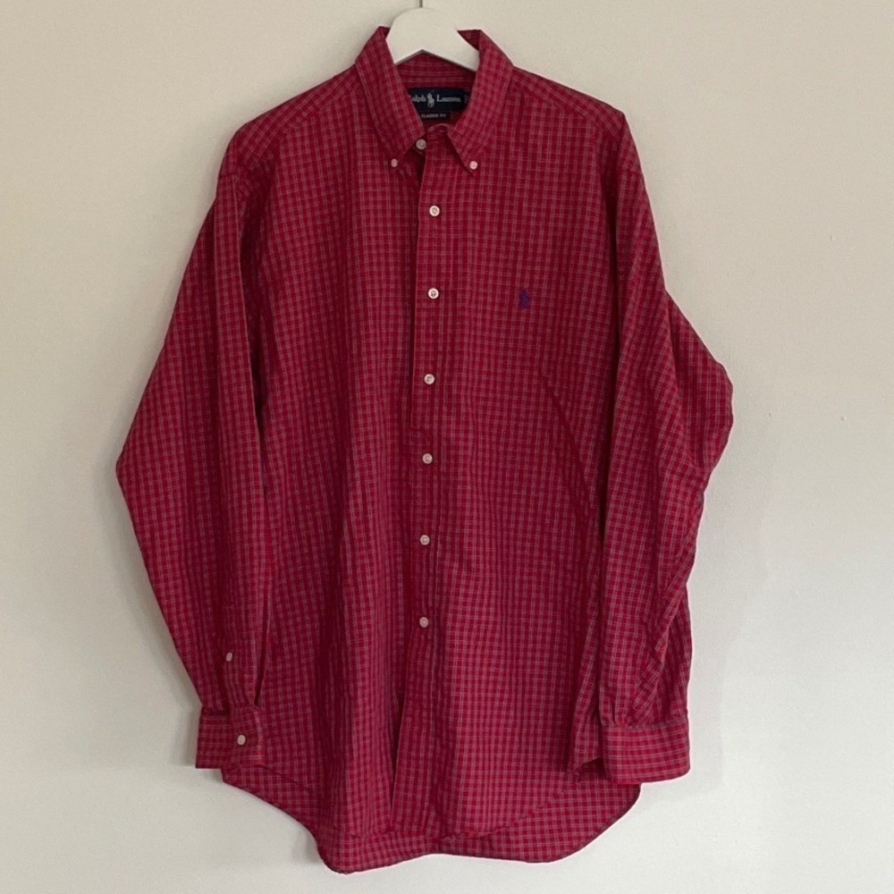 Ralph Lauren‎ Mens Classic Fit Red Blue Plaid Button Down Shirt Large Pony Logo